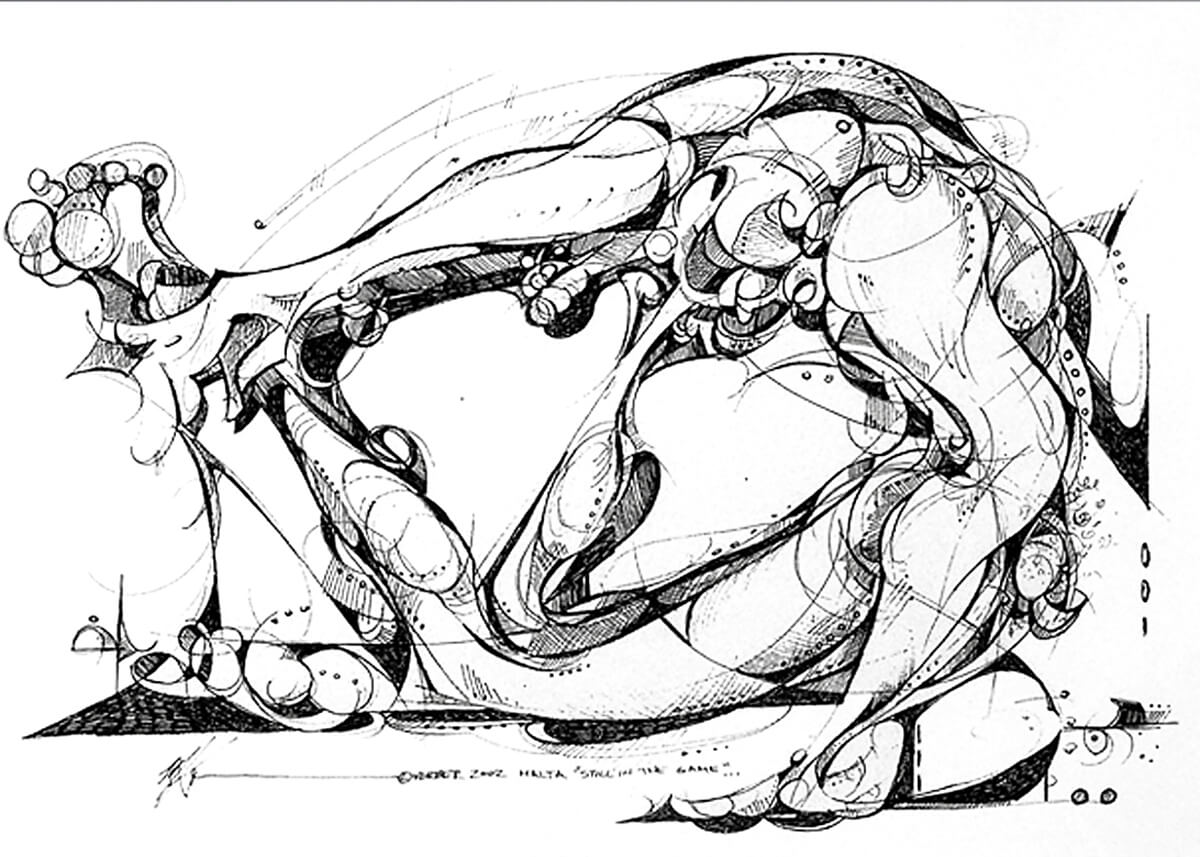 Sketch of Still in the game by artist and sculptor Michael J. Korber in Ink on Paper, Malta