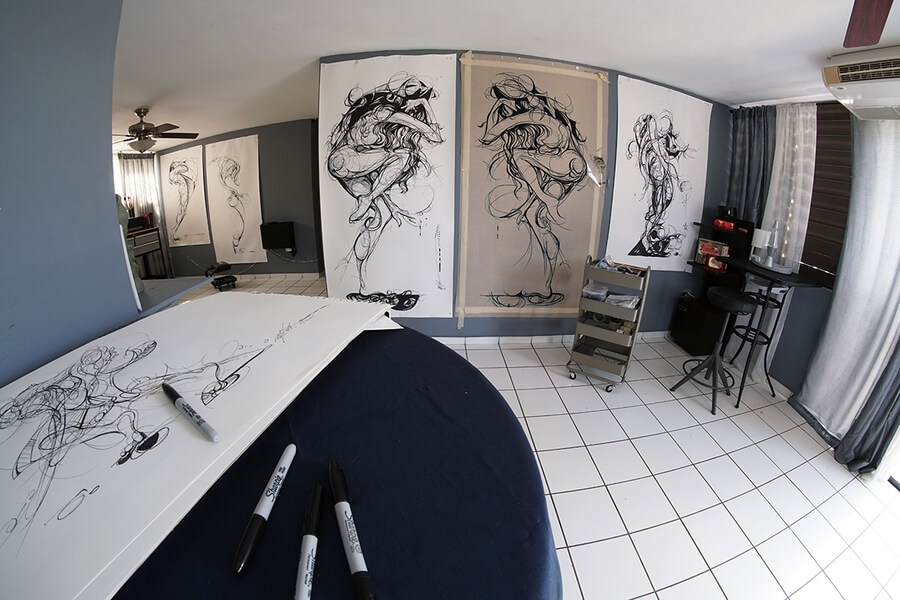 A Fish eye view of the walls of Korber's Atelier in Ponce, Puerto Rico.