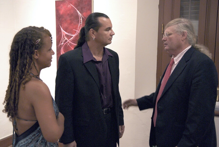Photo of the Museo de las Américas Reception in Old San Juan, Puerto Rico at the venue of artist and painter Michael J. Korber with Poet and friend Lady Lee Andrews and Art Historian and art critic - Manuel Alvarez Lezama at Korber's Art Retrospective Exhibit, titled - A decade of line and color, in 2007.