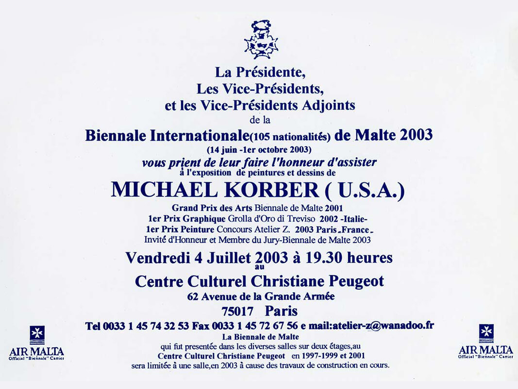 Photo of invite to the artist and painter Michael J. Korber's 2003 Paris Exhibition at the Centre Culturel Christiane Peugeot - Paris, France