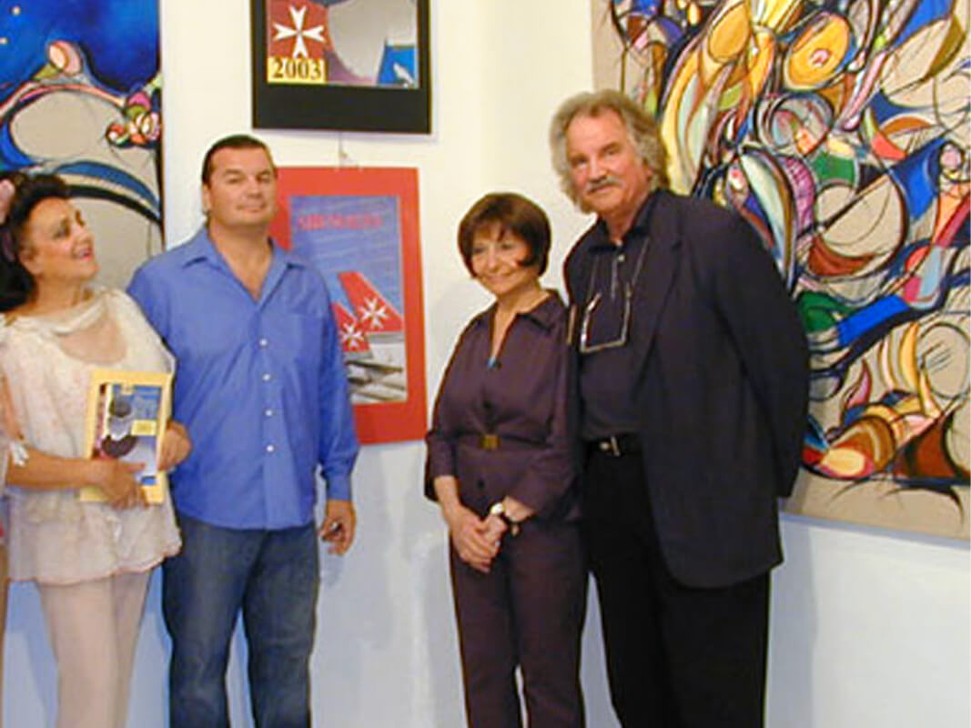 Photo of artist and painter Michael J.Korber with Dame Françoise Tempra, Christiane Peugeot, Wolfgang Prinz at Centre Culturel Christiane Peugeot - Paris, France