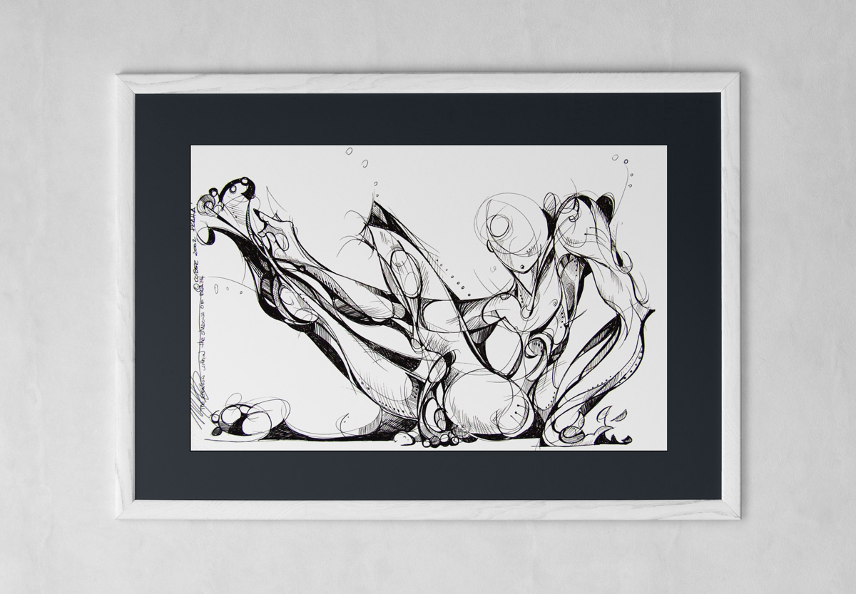 Photo of a drawing titled Creations from within the shadows by artist Michael J. Korber in the medium of ink on paper in the Centre Culturel Christiane Peugeot in Paris, France