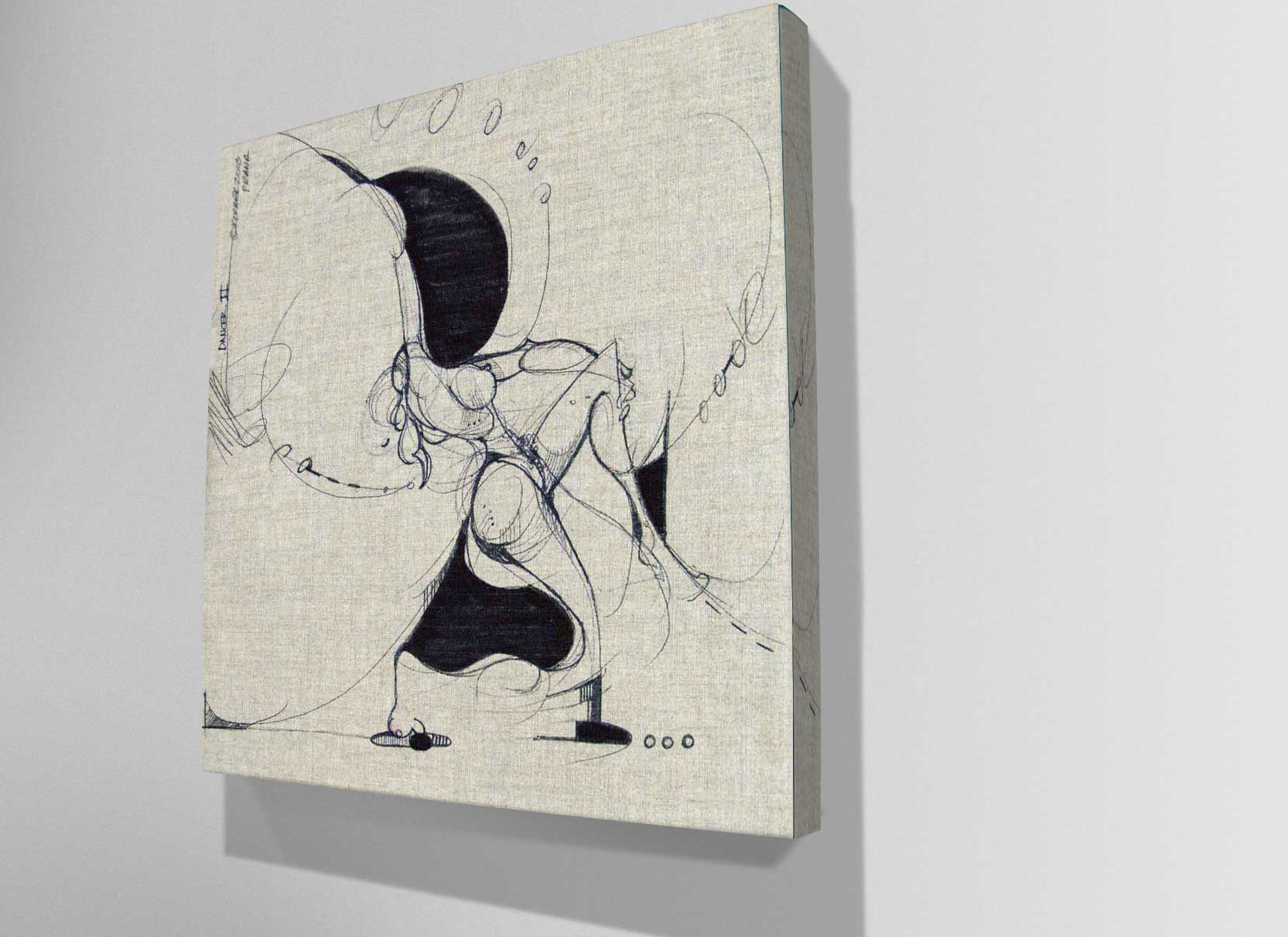 Photo of a drawing titled Dancer in line by artist Michael J. Korber in the medium of ink on raw linen in the Centre Culturel Christiane Peugeot in Paris, France