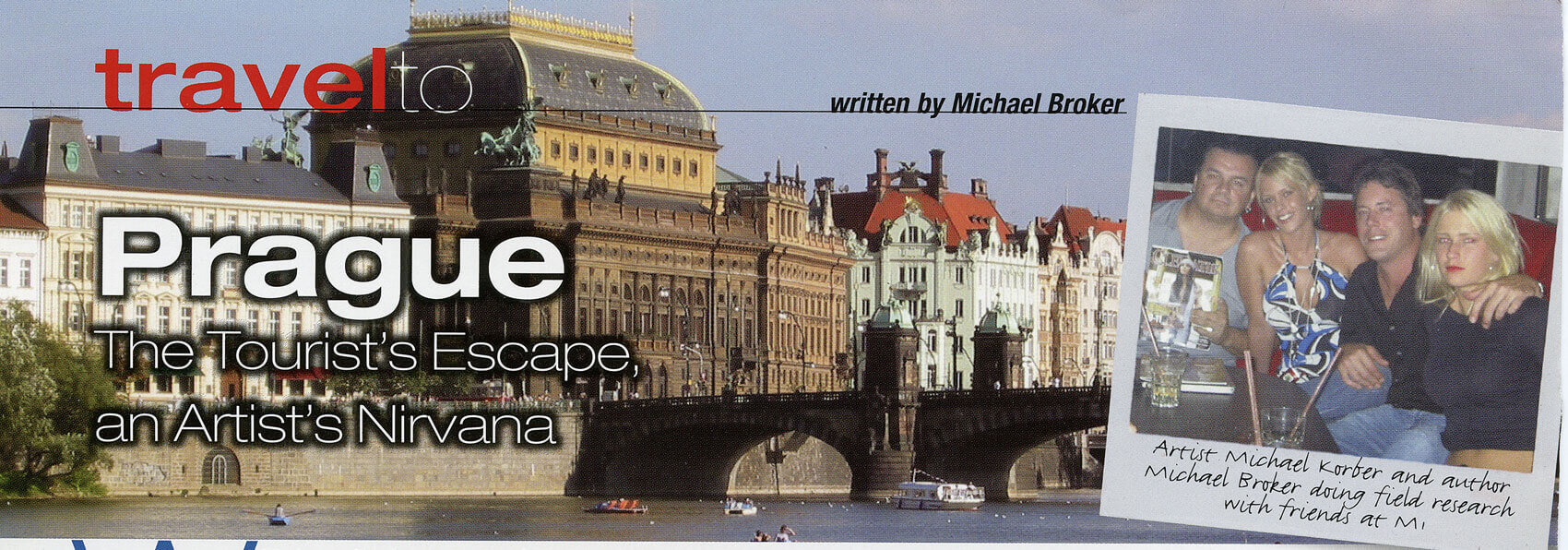 Photo of Article featured in Clematis magazine travel section featuring International artist Michael J. Korber in Prague, Czech Republic.