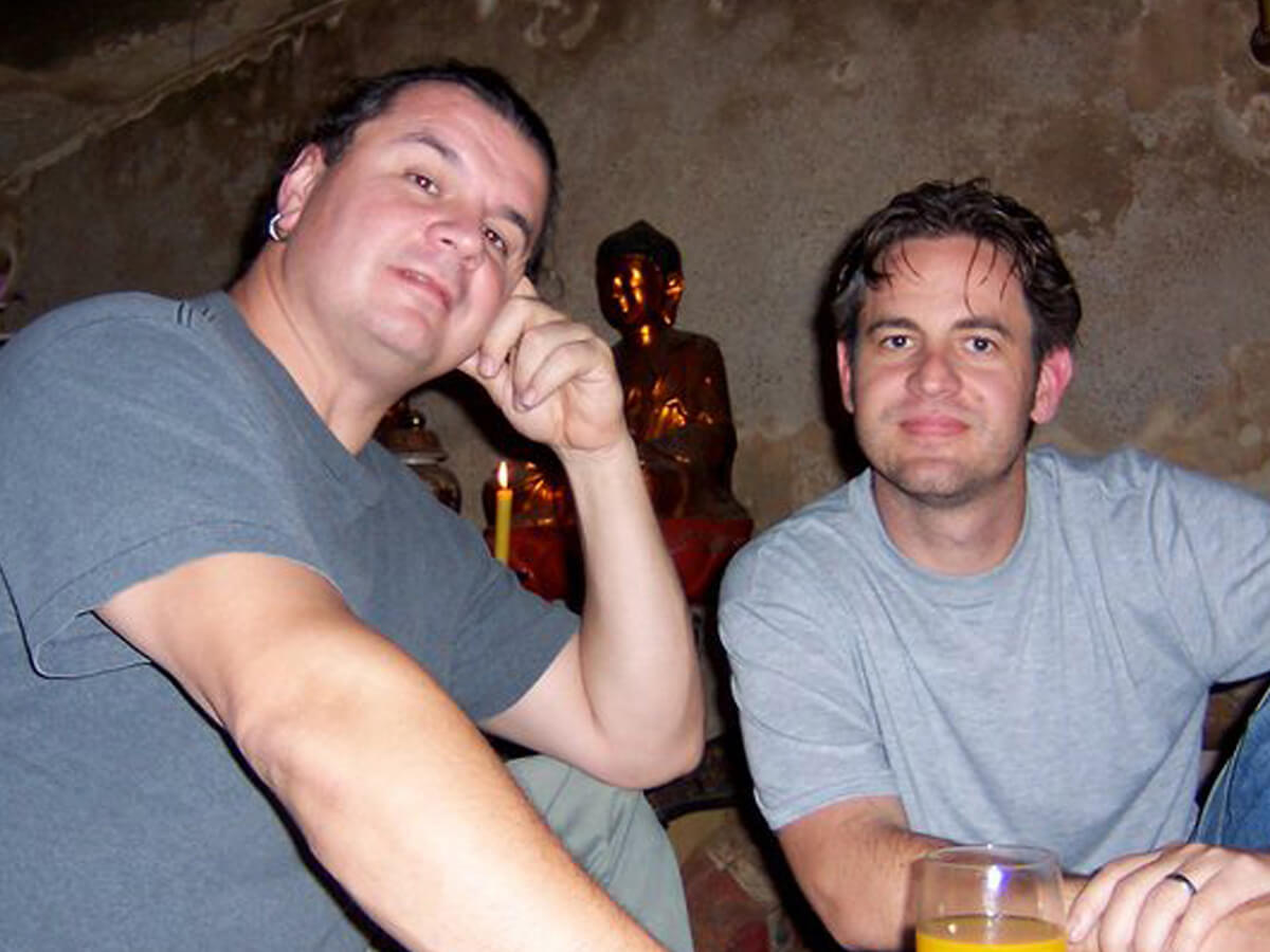 Photo of Michael Korber with Musician Chad Palmer in the Malý Buddha in Prague, Czech Republic