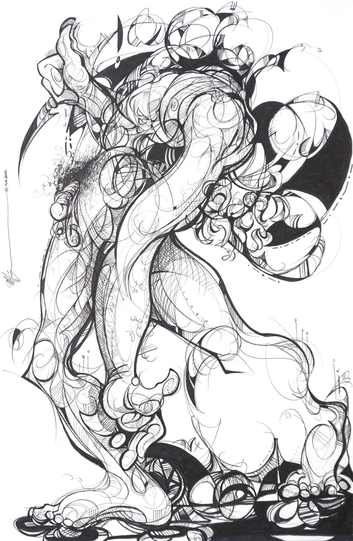 Oversize Series drawing titled - illusions of advancement  in ink on paper by artist Michael J. Korber Fracchiolla.